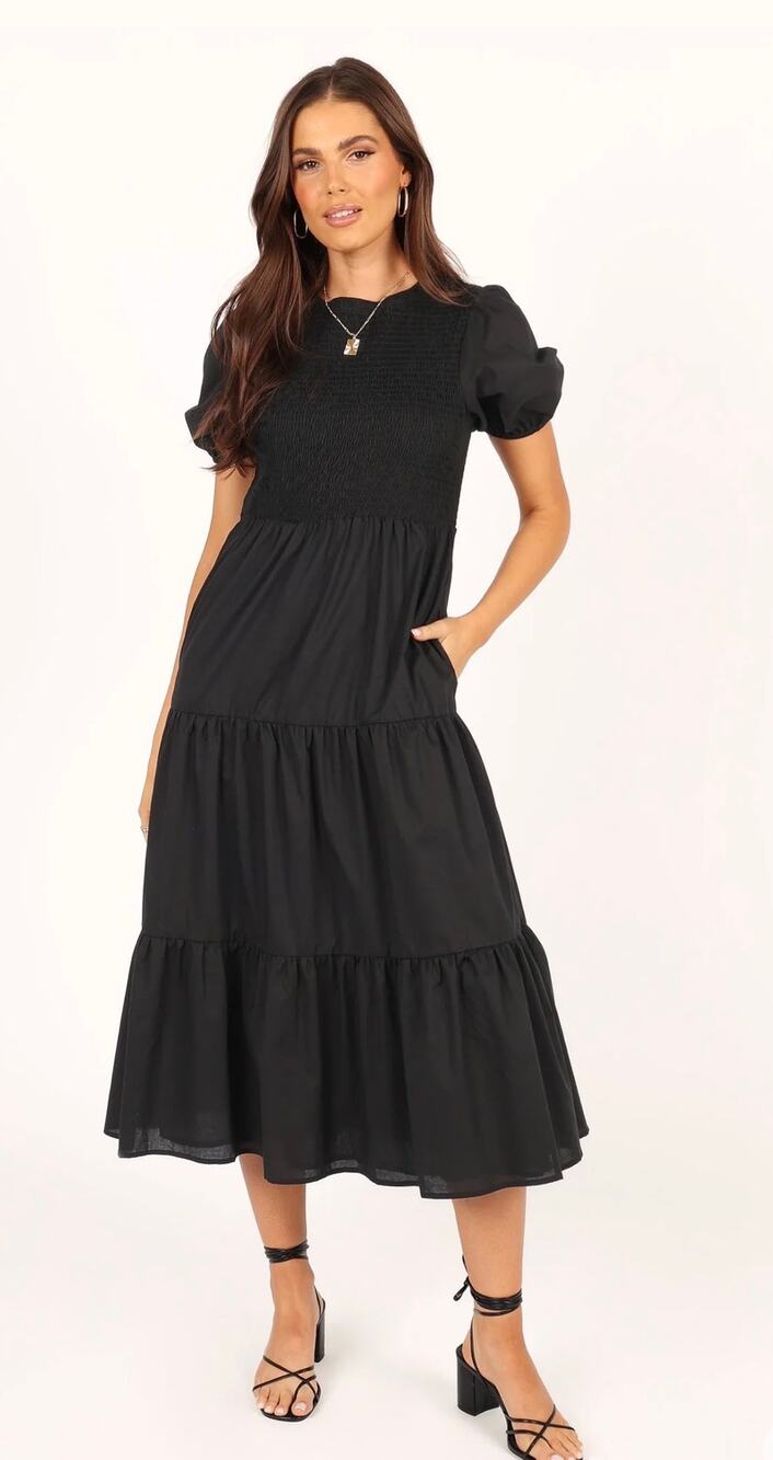 Petal & Pup Naura Shirred Tiered Midi Dress in Black. Size 4